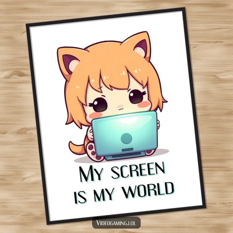 Funny poster art of a curious character captivated by a luminous screen, perfect wall decor for digital age humor lovers.