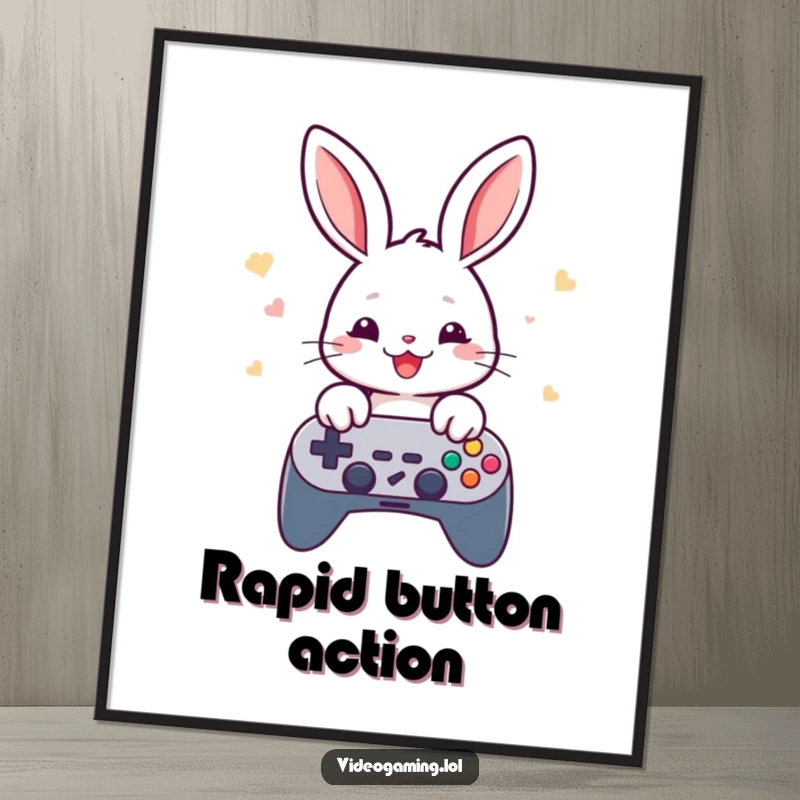 Funny rabbit gamer poster featuring a cheerful rabbit rapidly tapping game controller buttons, wall art.