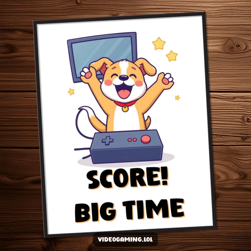 Funny dog gamer poster, celebrating a video game win with a joyous jump, humorous wall art for gamers.