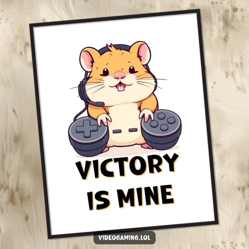 Funny Hamster Gamer Poster: A determined hamster wearing a headset furiously mashes video game controller buttons with focus.