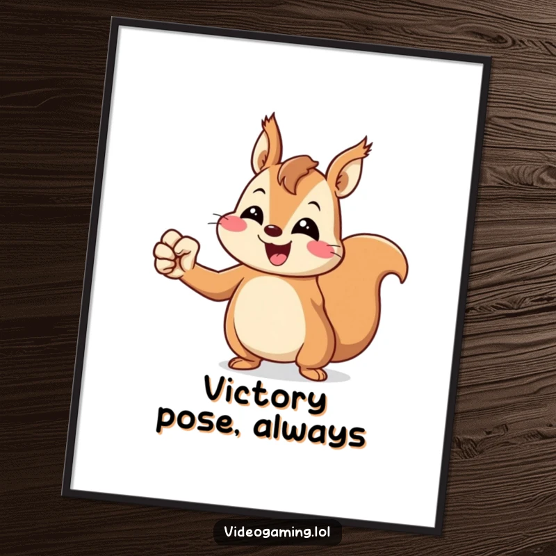 Funny Squirrel Poster: A cheerful squirrel pumps its fist in victory, depicted as art for energetic celebration.