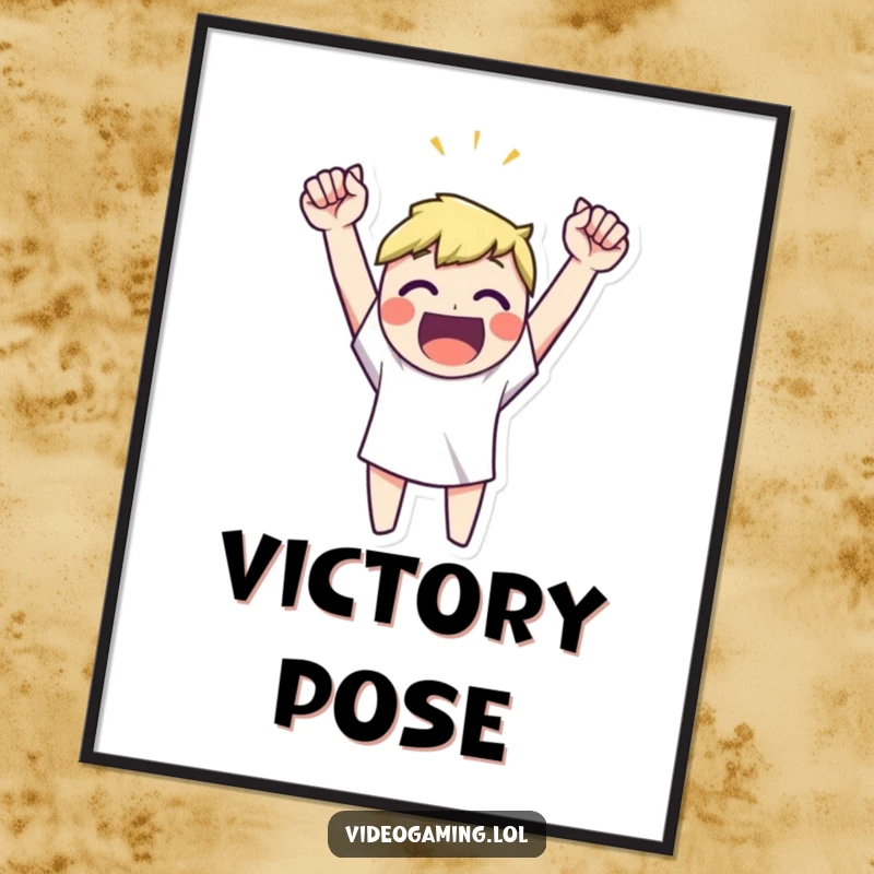Funny happy character celebrating a victory with arms raised high, a humorous poster for triumphant decor.