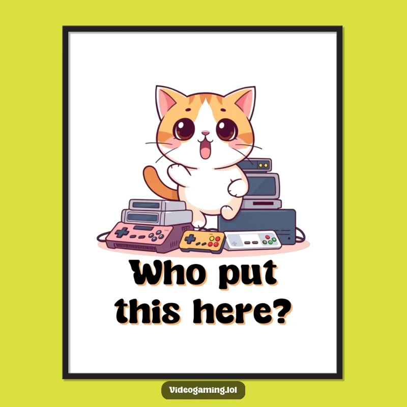 Funny Surprised Cat Poster: Hilarious Gamer Art for Console Chaos Decor