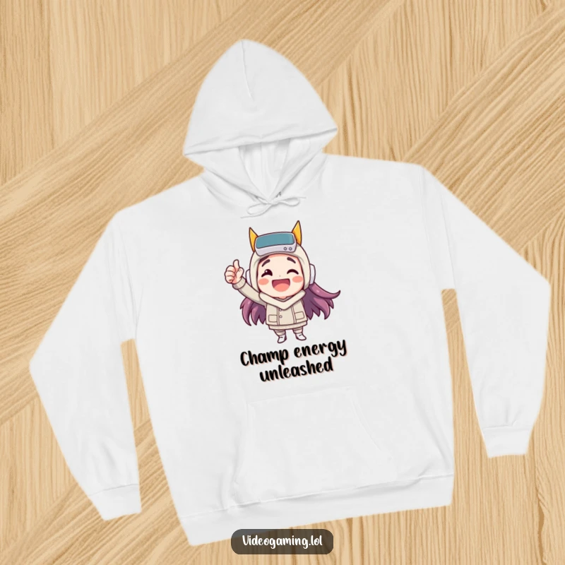 Funny hoodie showing a happy character celebrating a virtual victory with a fist pump, offering warmth and cheer.