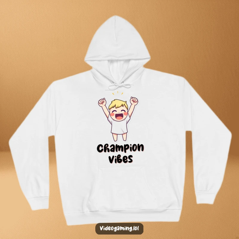 Funny happy character celebrating a victory with arms raised high, a warm and humorous hoodie for champions.
