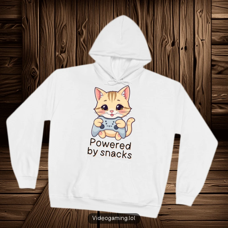 Funny cat gamer hoodie, a happy cat with a focused smile aiming a game controller, ready for intense gaming.