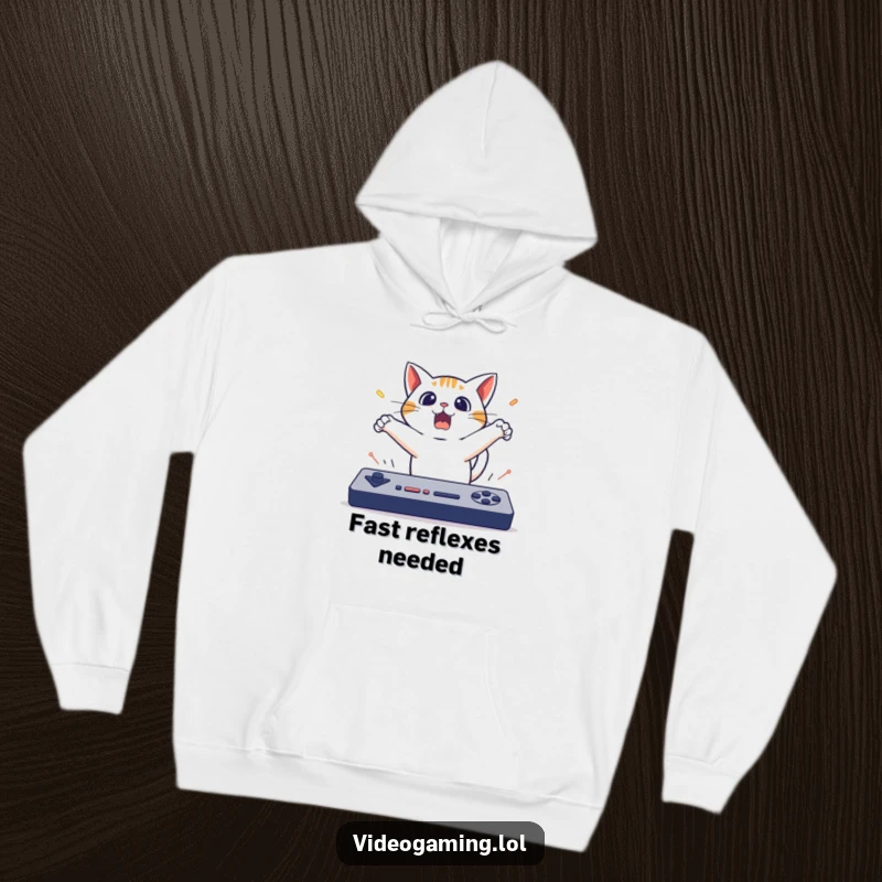 Funny Cat Gaming Hoodie: A surprised cat leaps back from a fast game, offering warmth and hilarious feline gaming drama.