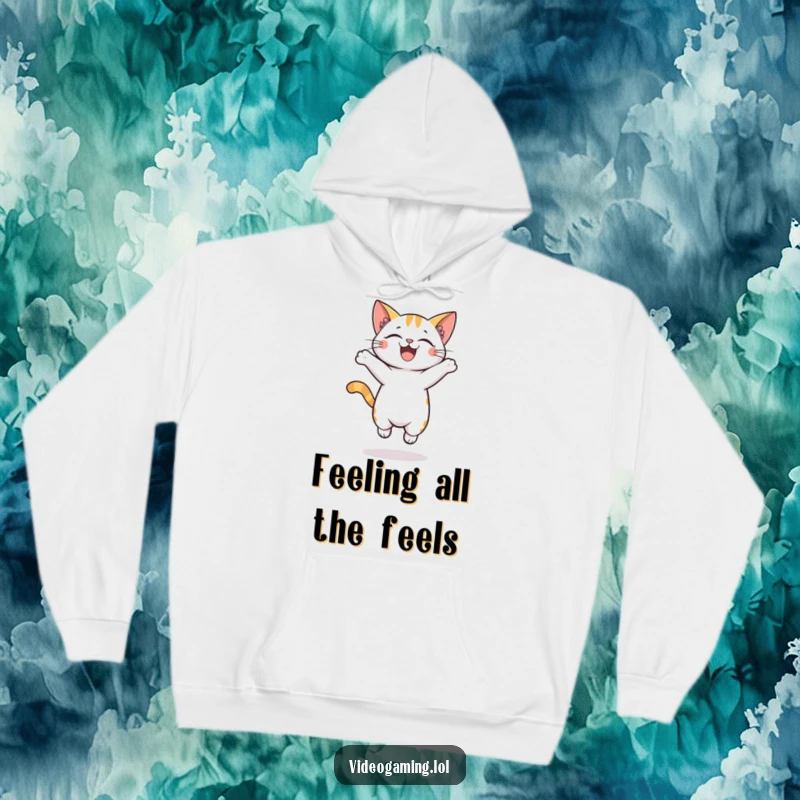Funny hoodie showcasing a wildly excited cartoon cat in a jumping pose, full of playful and infectious energy.