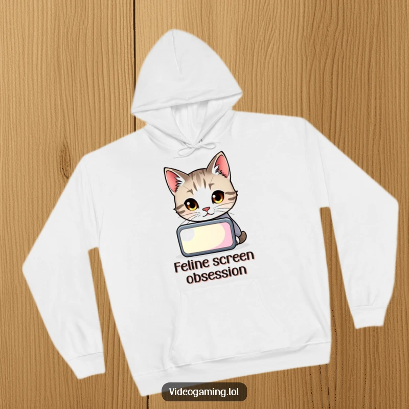 Funny cat engrossed in a glowing screen, looking mysterious and cute, a cozy and hilarious hoodie.