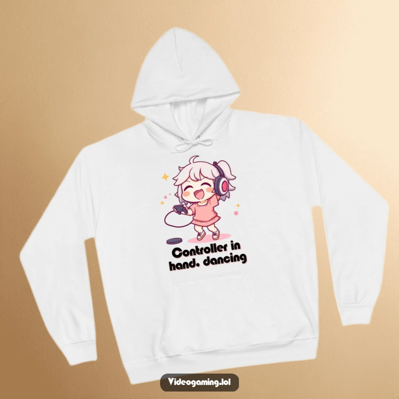 Funny hoodie featuring a joyful character performing an energetic dance move with a game controller, ready to play.