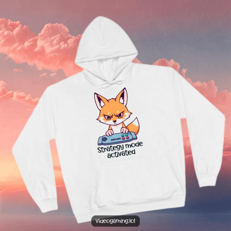 Funny fox gamer hoodie, eyes locked on a game screen, designed for ultimate gaming focus and warmth.