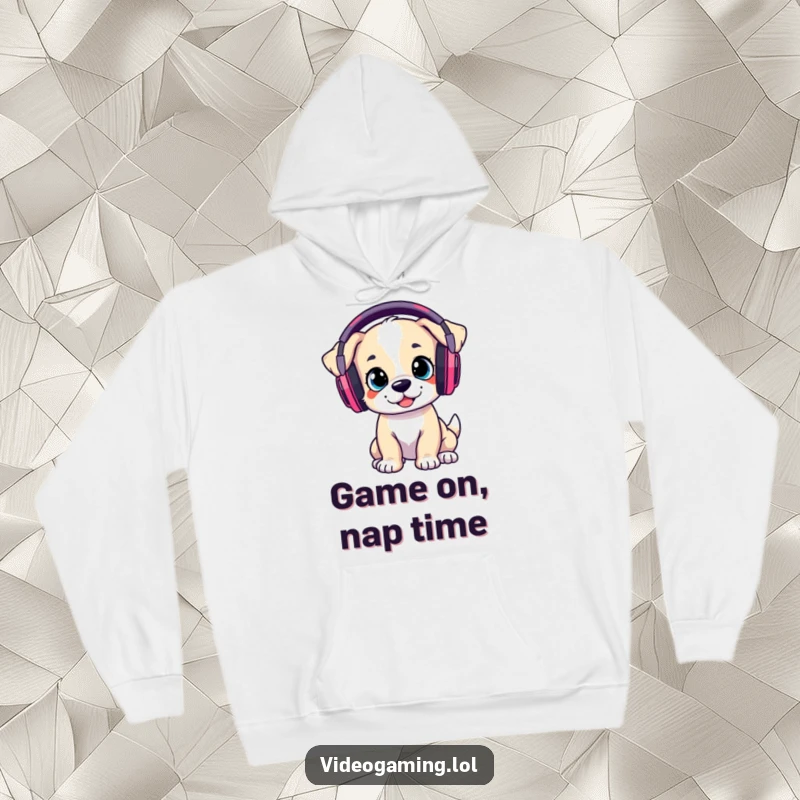 Funny Hoodie: A playful puppy with oversized gaming headphones is ready for action, printed on a cozy hoodie.