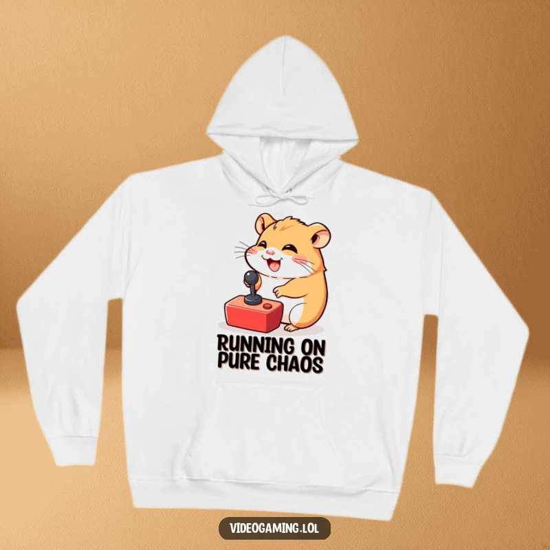 Funny Hamster Hoodie: A giggling hamster joyfully maneuvers a tiny joystick, radiating pure gaming enthusiasm.