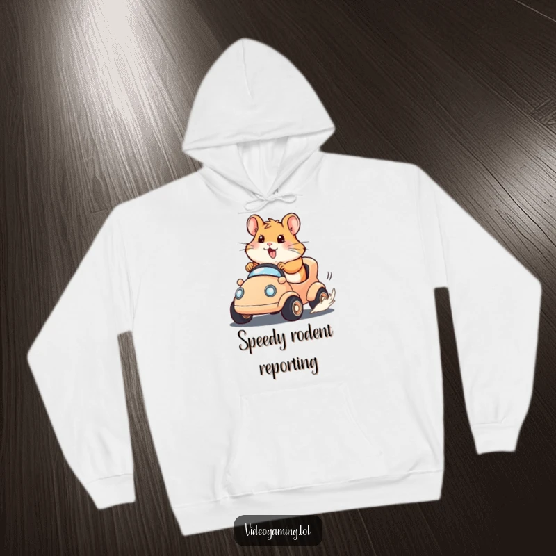 Funny Hamster Racer Hoodie with a happy hamster determinedly driving a tiny virtual vehicle, showcasing its competitive spirit.