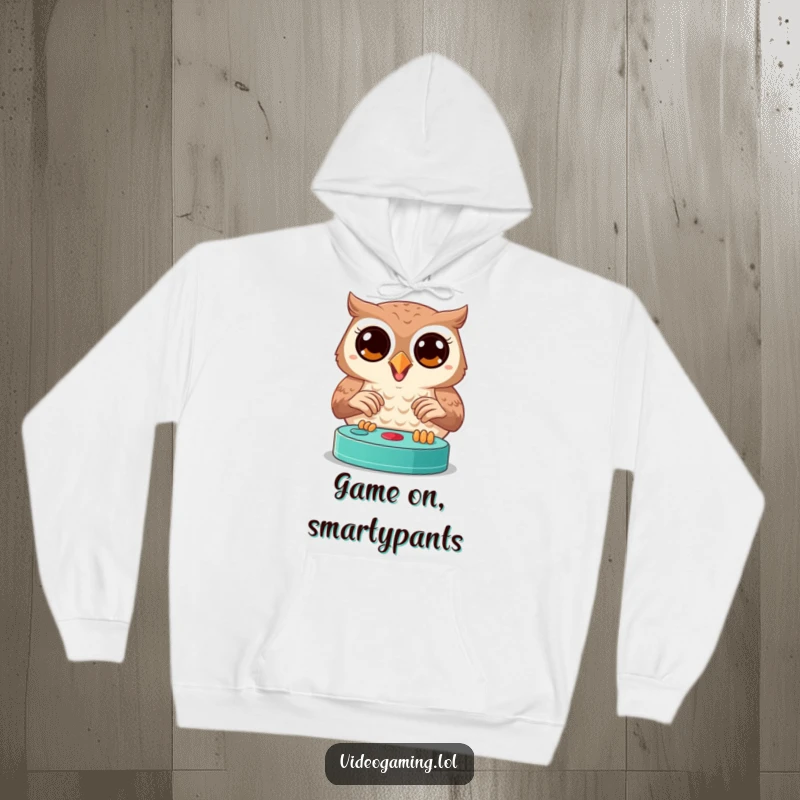 Funny owl hoodie featuring a joyful bird intensely focused on a video game, cozy gamer wear.