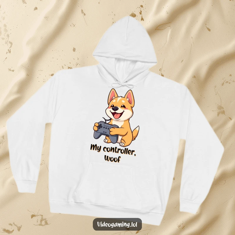 Funny dog hoodie showing a playful dog grinning widely while holding a video game controller, cozy gamer wear.