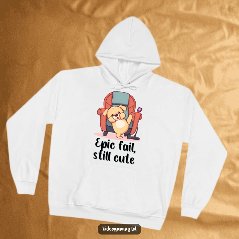 Funny puppy hoodie showing a delighted golden retriever falling backward out of a gaming chair, perfect for gamers and dog fans.
