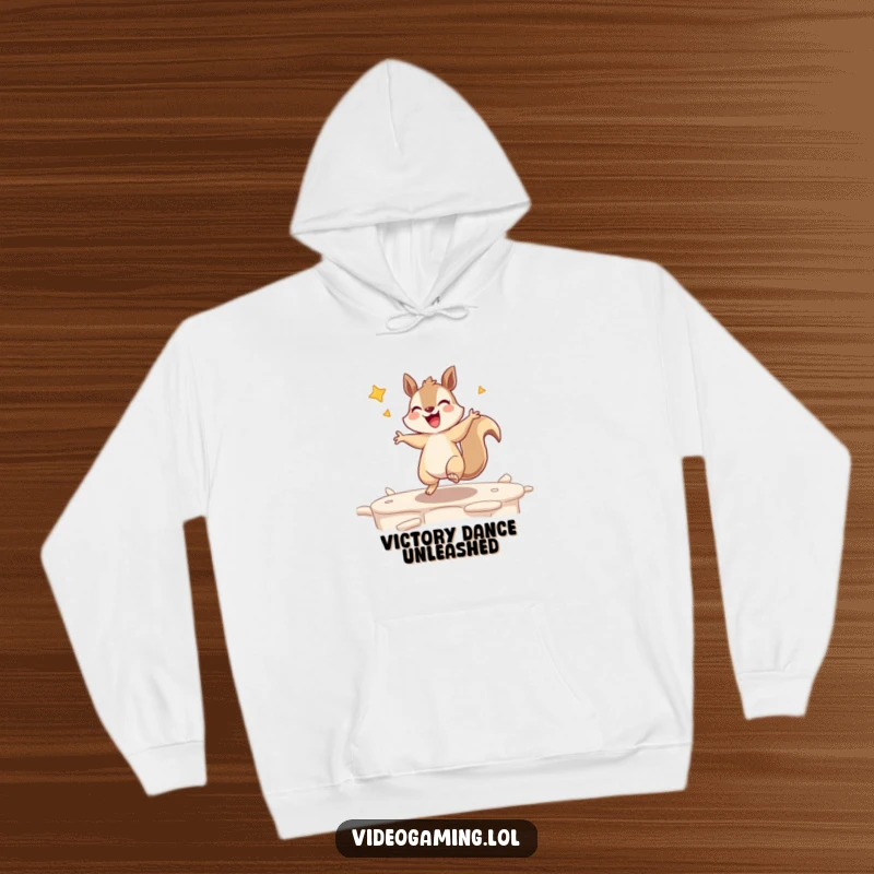 Funny hoodie featuring a giggling squirrel joyfully dancing to celebrate winning a video game level, gamer comfort wear.