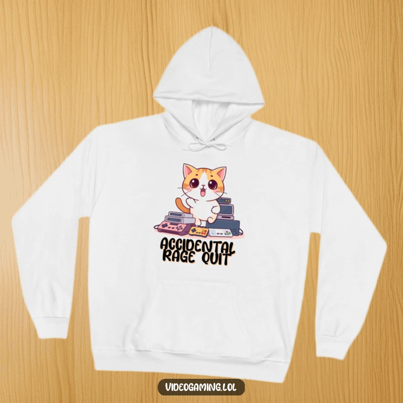 Funny hoodie showcasing a surprised cat comically tripping over a heap of video game consoles, a humorous gamer's plight.