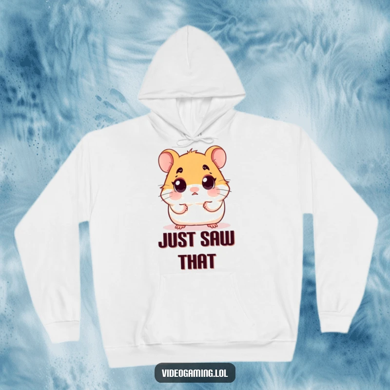 Funny hoodie design of a small hamster with extremely wide eyes, staring in amazement at a digital screen.