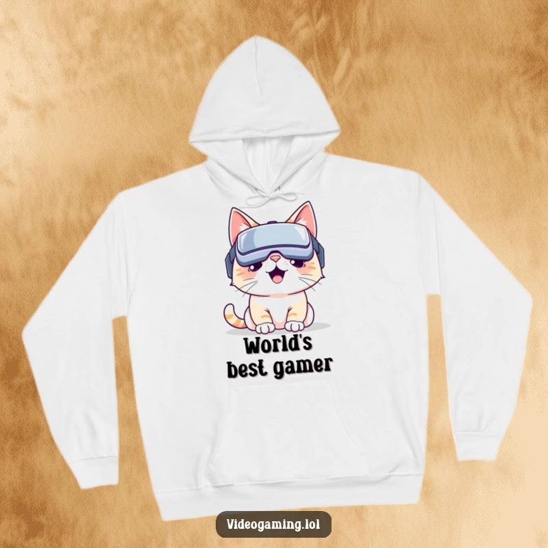 Funny VR cat hoodie: A smiling cat equipped with a VR headset, deeply immersed in a dazzling virtual universe. Excellent funny gift.