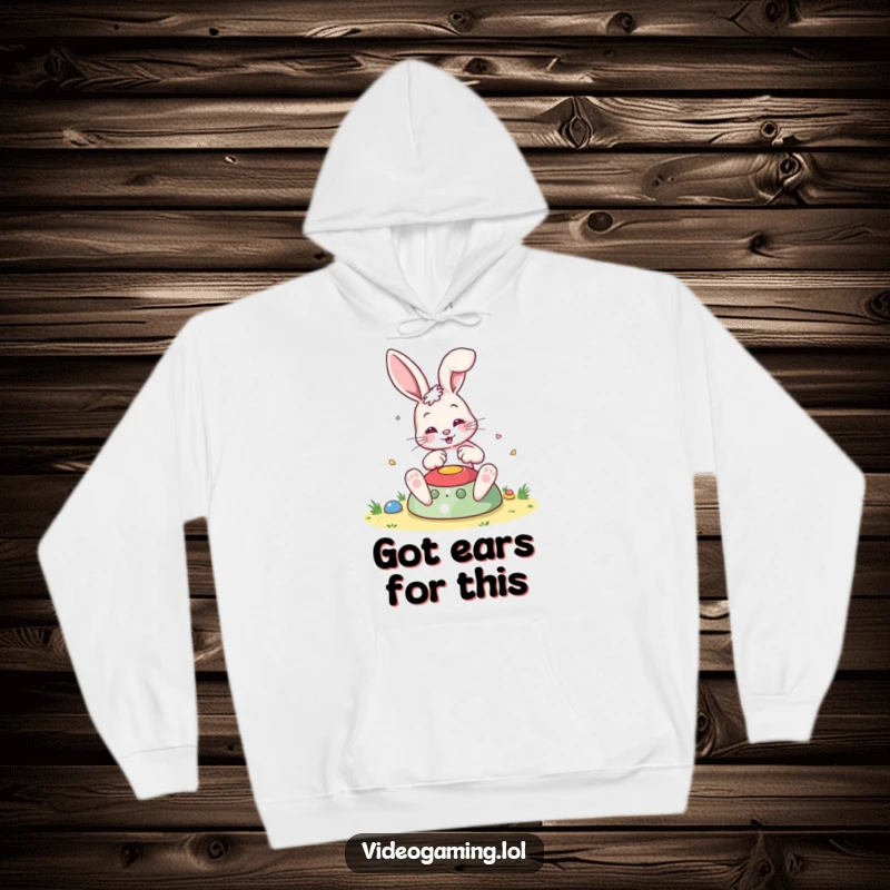 Funny Bouncing Bunny Hoodie, depicted mid-bounce in a colorful game, showcasing energetic fun for a cozy, humorous look.