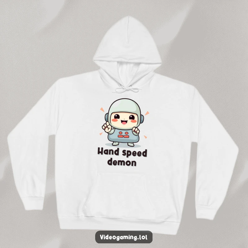 Funny Gamer Hoodie: A smiling character in deep focus, performing rapid button presses, perfect for chilly gaming nights.
