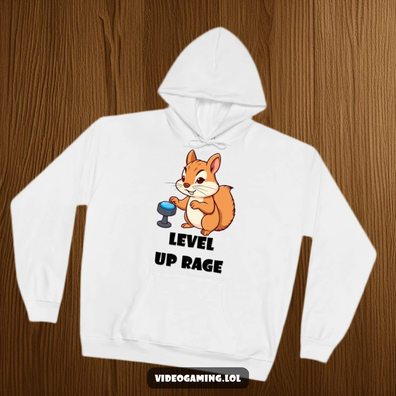 Funny hoodie depicting a determined squirrel furiously mashing virtual buttons while gaming, a cartoon character ready for virtual combat.