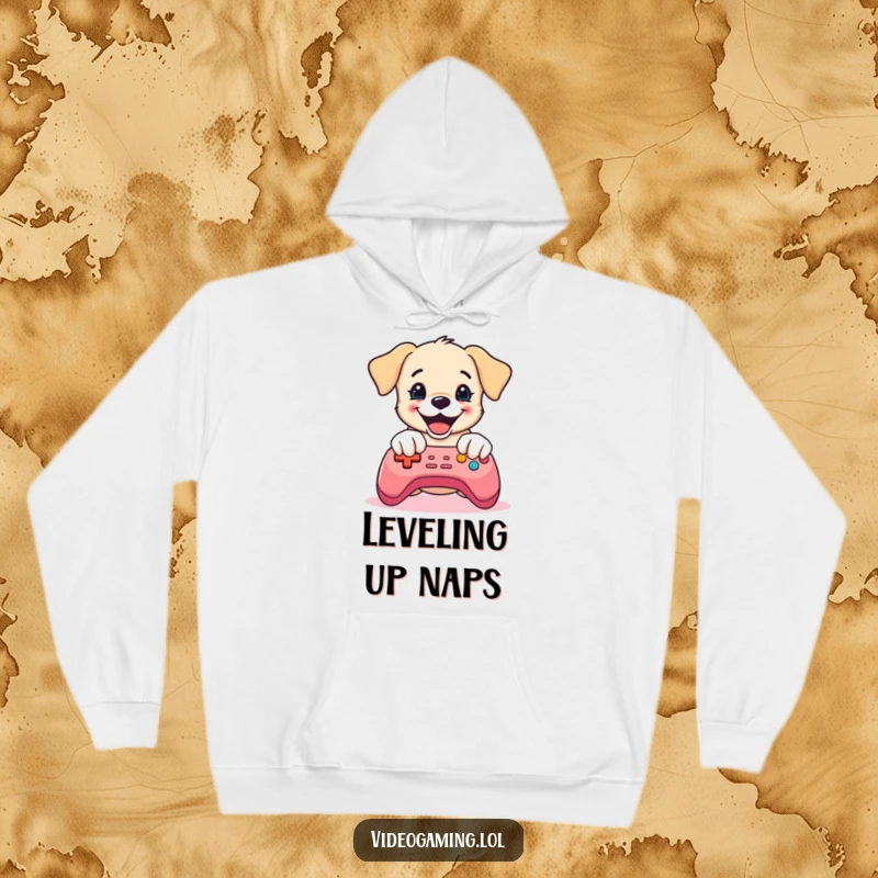 Funny Puppy Gaming Hoodie: A delighted puppy mashes game controller buttons, offering warmth and hilarious gaming antics.