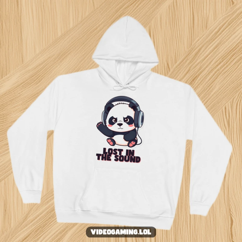 Funny hoodie featuring a determined panda wearing oversized headphones, radiating an aura of intense focus and musical immersion.