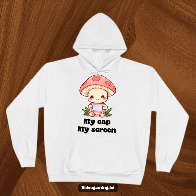 Funny Mushroom Gamer Hoodie: A cheerful mushroom engrossed in a handheld game, bringing cozy, magical vibes.