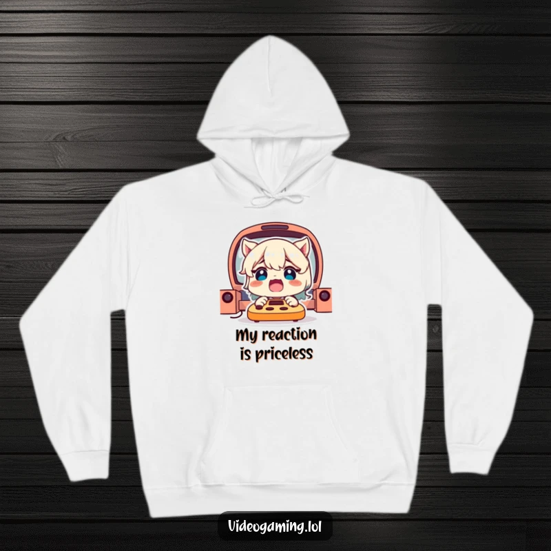 Funny Gamer Hoodie: A delighted character with a shocked expression, ready to face any unexpected in-game event with humor.