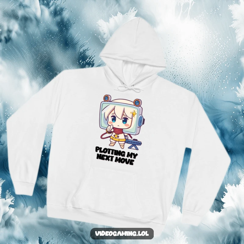 Funny hoodie showing a strategic character pointing intently at a screen, offering warmth and humor for focused individuals.