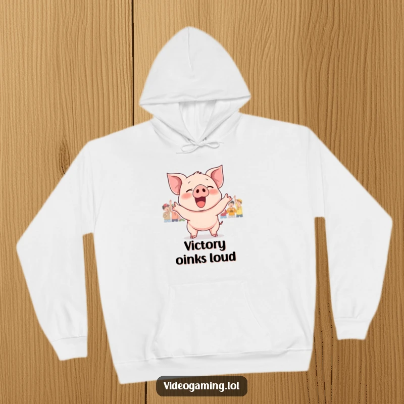 Funny hoodie with a jubilant piglet cheering wildly for a game victory, arms raised in celebration. Cozy and festive.