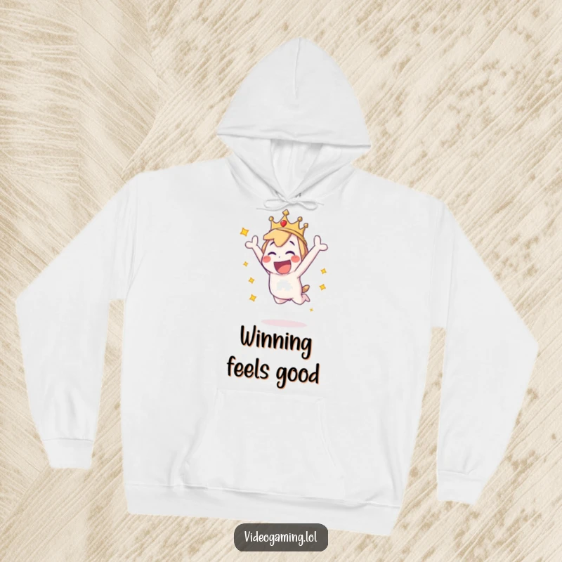 Funny hoodie featuring a playful character in an energetic leap, showcasing pure excitement and the spirit of winning.