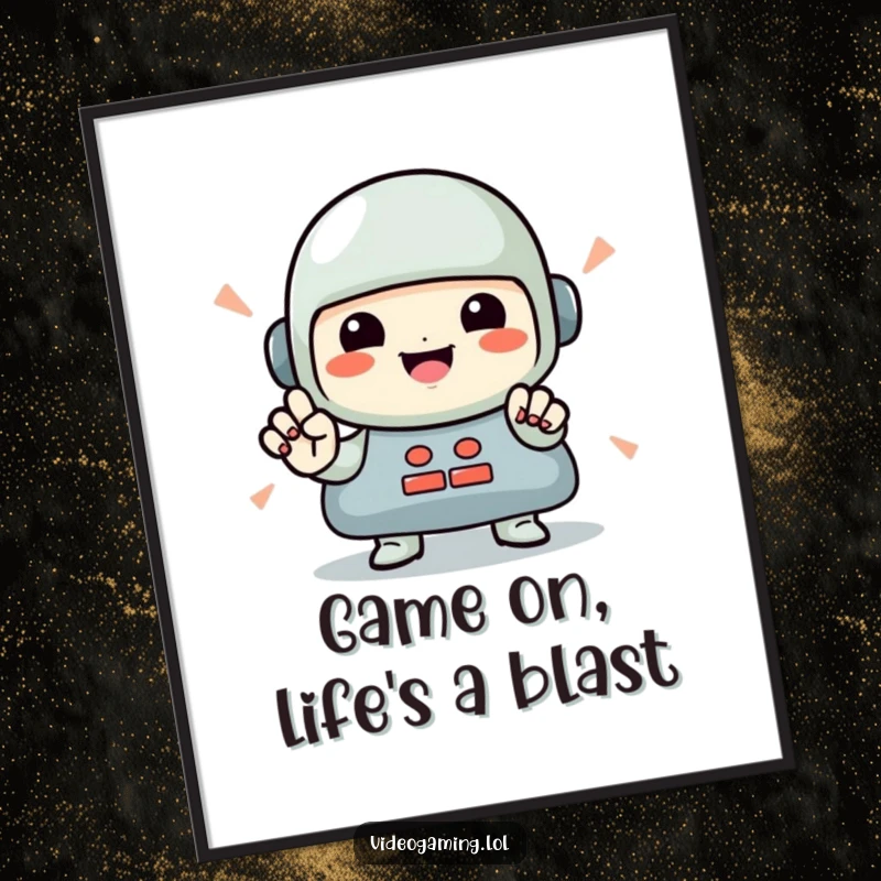 Funny Free Printable Wall Art: Smiling character furiously pressing game buttons, ideal for gamer room decor.