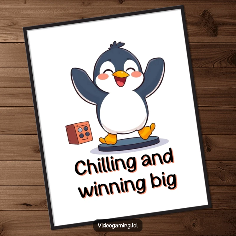Funny Free Printable Wall Art: A joyful penguin performing an exuberant jump while playing a video game, adding fun to your walls.