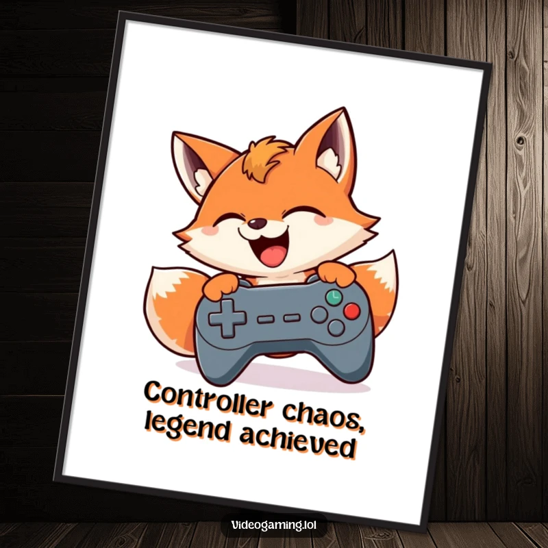Funny Free Printable Wall Art: A fox intensely playing video games, button-mashing action, vibrant downloadable decor for enthusiasts.