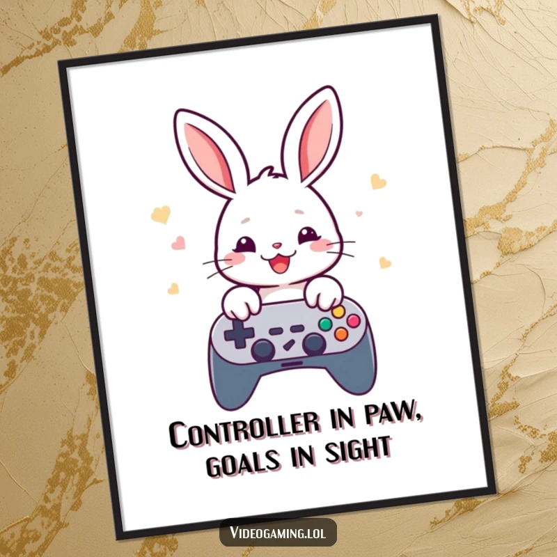 Funny Free Printable Wall Art: Cheerful rabbit with energetic thumbs, rapidly tapping game controller buttons, gaming theme.