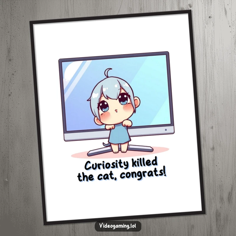 Funny Free Printable Wall Art: Curious character leaning intently towards a large monitor, capturing screen obsession.