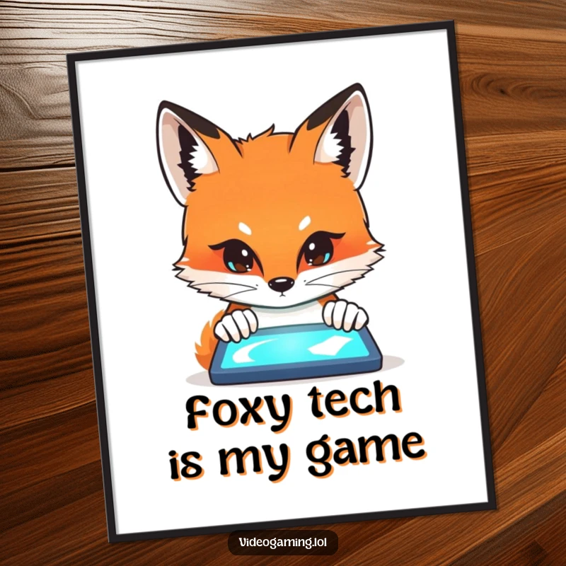 Funny Free Printable Wall Art: Curious fox with wide, captivated eyes staring at a brightly glowing smartphone screen, humorous.