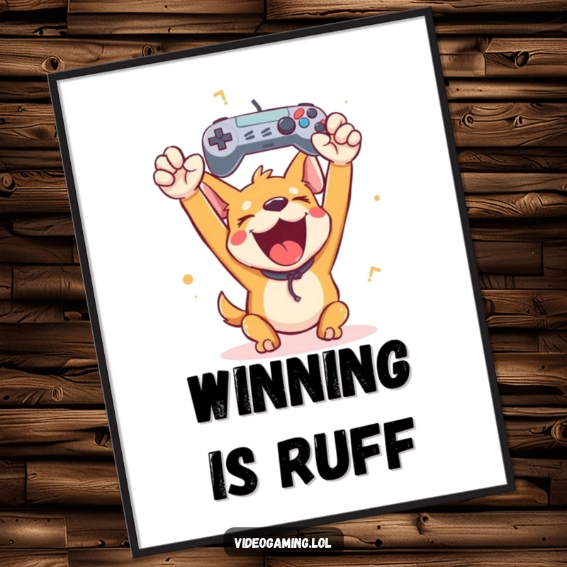 Funny Free Printable Wall Art: A happy dog cheering wildly, holding a game controller aloft. Gamer downloadable decor.