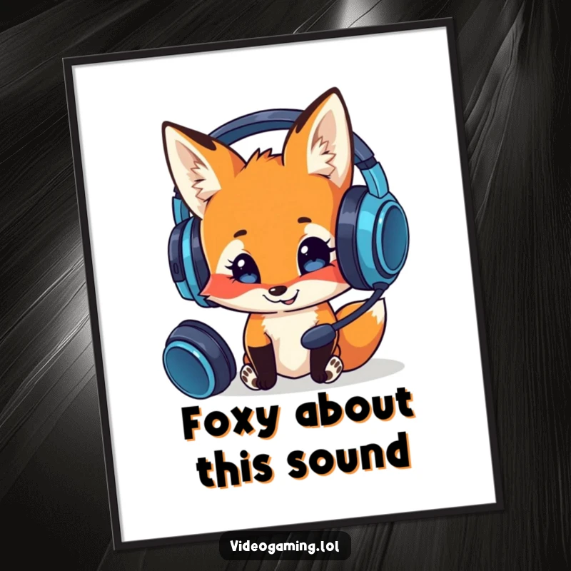 Funny Free Printable Wall Art: A smiling fox curiously examining a complex gaming headset, humorous gaming room decor.