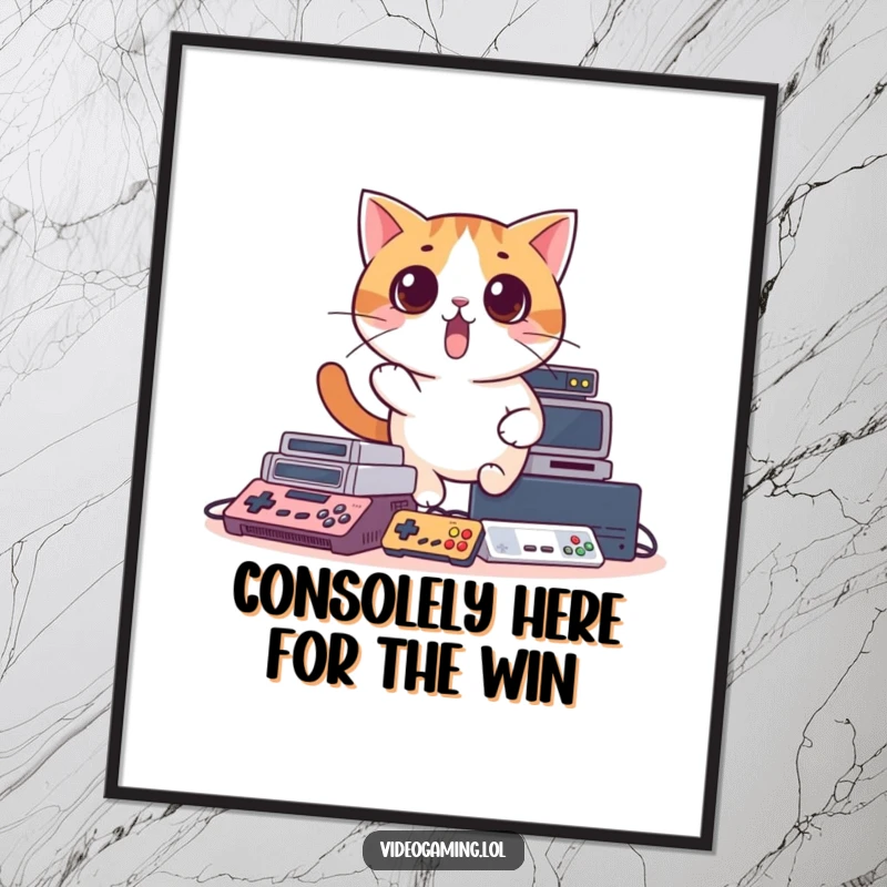 Funny Free Printable Wall Art: A surprised cat stumbling over a pile of game consoles, humorous gaming room decor.