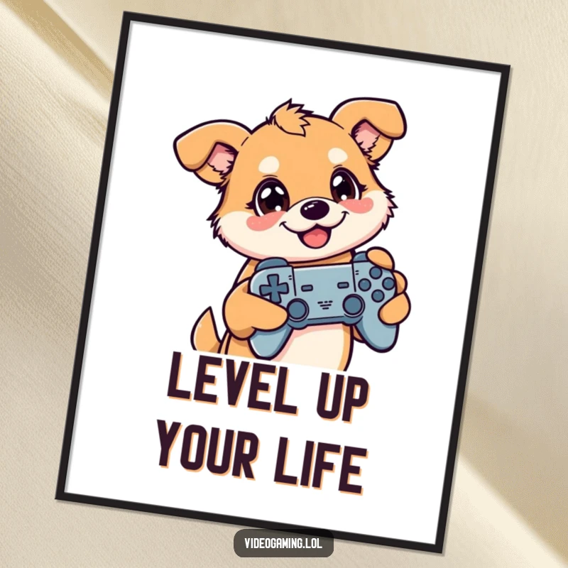 Funny Free Printable Wall Art: Happy dog intensely focused on a video game, controller gripped, screen glow on face.