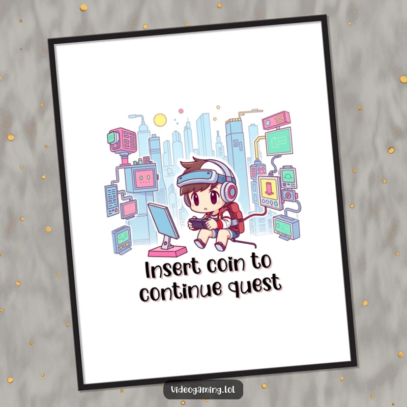 Funny Free Printable Gamer Wall Art: Determined character focused on virtual quest, a downloadable digital print.