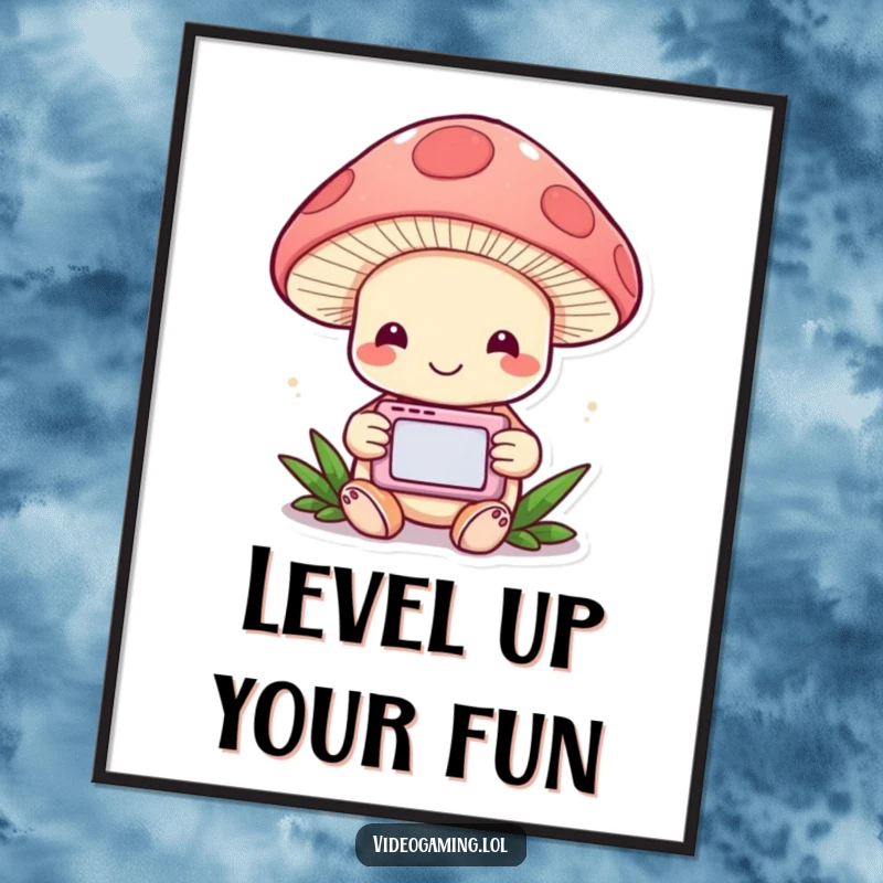 Funny Free Printable Wall Art: A cheerful mushroom engrossed in playing a handheld video game.