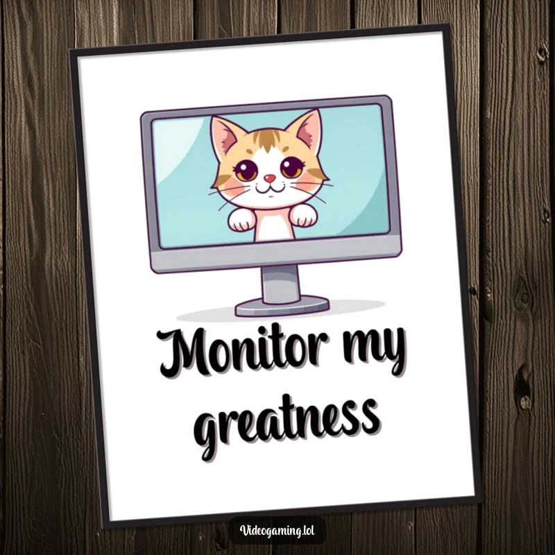 Funny Free Printable Wall Art featuring a curious cat peeking from behind a large monitor, a whimsical downloadable piece.