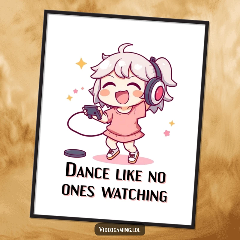 Funny Free Printable Wall Art: A joyful character performs an energetic dance move, holding a video game controller, ready to party.