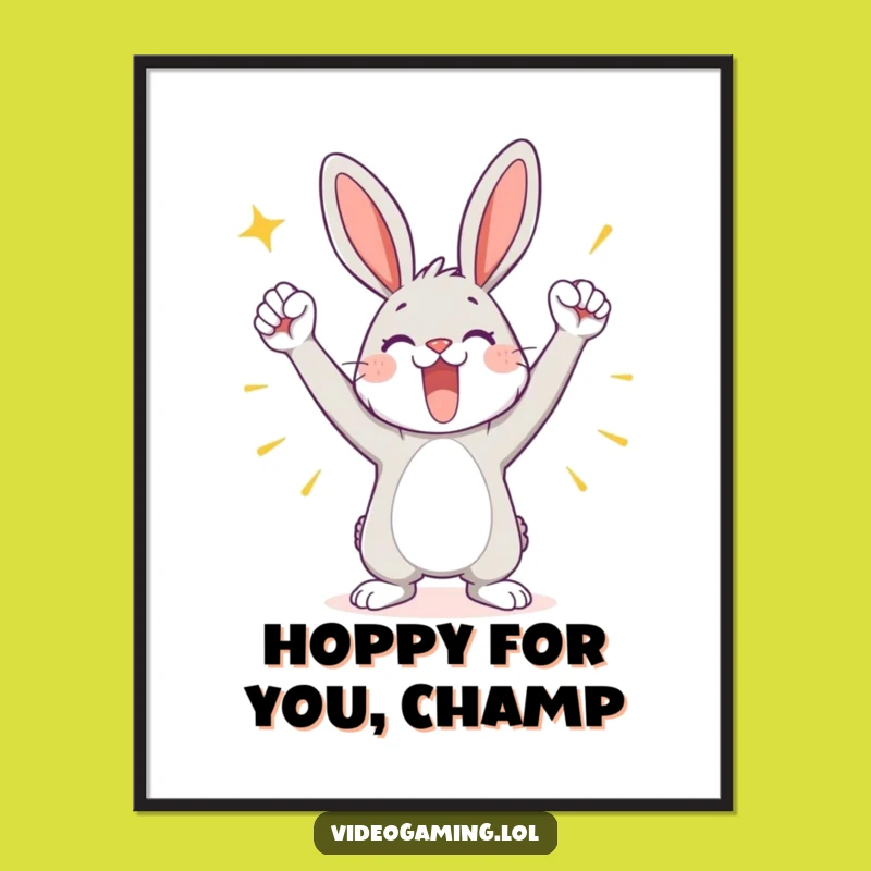 Free Printable Wall Art: Triumphant Bunny Pose, Humorous Downloadable Decor for Any Room